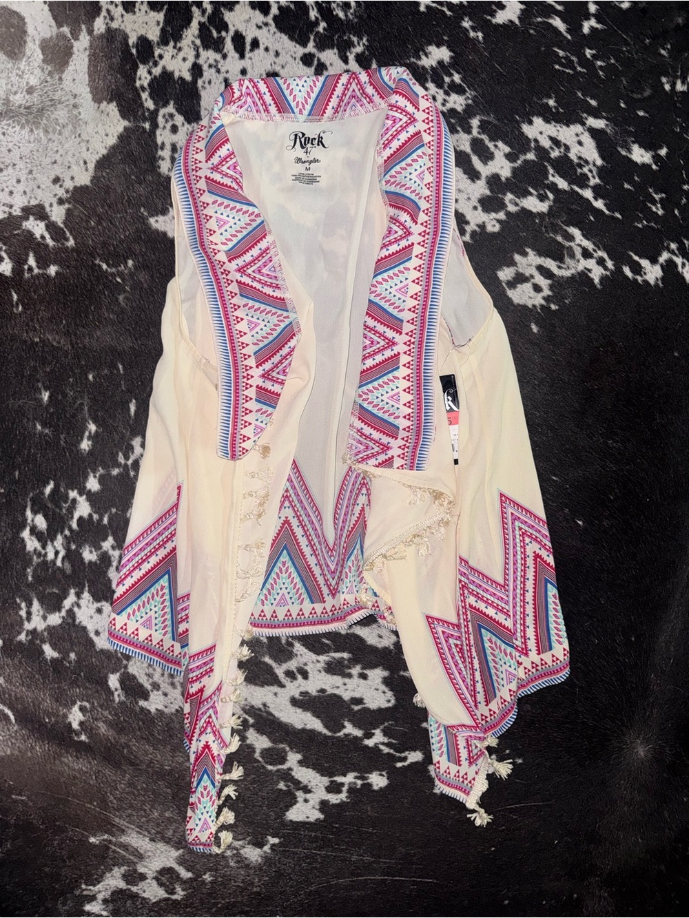 Rock 47 By Wrangler Cream Embroidered Open Front Vest with Pink & Blue Trim